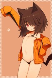 Rule 34 | 1girl, :o, animal ears, arm up, bikini, black bikini, blush, brown hair, cat ears, cat tail, hair over one eye, highres, looking at viewer, micro bikini, navel, original, outstretched arm, red eyes, ruiten, sleeves past wrists, solo, standing, swimsuit, tail