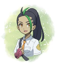 1girl awokani black_hair breasts brown_eyes commentary_request creatures_(company) cropped_torso dark-skinned_female dark_skin eyebrows_hidden_by_hair fingerless_gloves freckles game_freak gloves green_hair hatching_(texture) medium_breasts multicolored_hair necktie nemona_(pokemon) nintendo orange_necktie pokemon pokemon_sv ponytail solo streaked_hair two-tone_hair upper_body