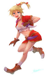 Rule 34 | 1girl, artist name, belt, blonde hair, blue eyes, boots, breasts, brown gloves, chrono cross, cleavage, commentary request, cropped jacket, dagger, facial mark, full body, gloves, gold trim, highres, holding, holding weapon, jacket, jewelry, kid (chrono cross), knife, leg up, long hair, looking at viewer, magatama, magatama necklace, medium breasts, midriff, mizuki shion (artist), navel, necklace, open clothes, open mouth, ponytail, reverse grip, sheath, short sleeves, signature, simple background, skirt, smile, stomach, tank top, weapon, white background