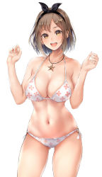 Rule 34 | 1girl, :d, absurdres, atelier (series), atelier ryza, atelier ryza 1, bikini, black hairband, black ribbon, blush, breasts, brown eyes, brown hair, cleavage, collarbone, cowboy shot, gluteal fold, hair ornament, hair ribbon, hairband, hairclip, highres, jewelry, khanka shui, large breasts, looking at viewer, navel, necklace, o-ring, o-ring bottom, open mouth, print bikini, reisalin stout, ribbon, round teeth, short hair, simple background, smile, solo, star (symbol), star necklace, stomach, swimsuit, teeth, thighs, upper teeth only, w arms, white background, white bikini
