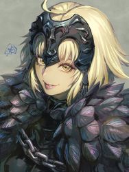 Rule 34 | 1girl, ahoge, armor, armored dress, blonde hair, chain, fate/grand order, fate (series), fujii eishun, grey background, headpiece, highres, jeanne d&#039;arc alter (fate), parted lips, short hair, yellow eyes