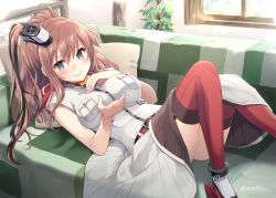 Rule 34 | 10s, 1girl, belt, blue eyes, blush, breast pocket, breasts, brown hair, couch, dress, eretto, garter straps, hair between eyes, hair ornament, high heels, impossible clothes, indoors, kantai collection, knees up, large breasts, long hair, looking at viewer, lying, neckerchief, on back, pocket, ponytail, red neckerchief, red thighhighs, saratoga (kancolle), side ponytail, sidelocks, smile, smokestack, solo, thighhighs, white dress
