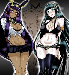 Rule 34 | 1boy, 2girls, :d, absurdres, animal ears, arms behind back, belt, bikini, blunt bangs, blush, breasts, cleavage, cleopatra (fate), clothed female nude male, collar, colorized, dark skin, earrings, faceless, faceless male, facial mark, fate/grand order, fate (series), gggg, gyaru, hairband, highleg, highleg panties, highres, hoop earrings, jackal ears, jewelry, kneehighs, long hair, looking at viewer, micro shorts, microskirt, midriff, multiple girls, navel, necklace, necktie, nitocris (fate), nude, open mouth, pale skin, panties, pleated skirt, ring, shiny skin, shirt, shorts, skirt, smile, socks, standing, sweat, swimsuit, thighhighs, thighs, third-party edit, tied shirt, underwear, very long hair