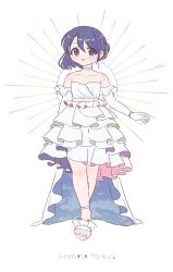 Rule 34 | 1girl, :d, adapted costume, asymmetrical hair, blue eyes, blue hair, character name, choker, commentary, contrapposto, dress, full body, highres, off-shoulder dress, off shoulder, open mouth, rainbow, sakurasaka, sandals, short hair, simple background, smile, solo, standing, symbol-only commentary, tenkyuu chimata, touhou, white background, white dress