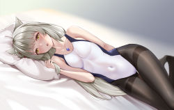 Rule 34 | 1girl, absurdres, animal ear fluff, animal ears, black pantyhose, breasts, cat ears, chest jewel, commission, competition swimsuit, grey hair, highres, looking at viewer, lying, matrix16, medium breasts, mio (xenoblade), on side, one-piece swimsuit, open mouth, pantyhose, pantyhose under swimsuit, resolution mismatch, solo, source smaller, swimsuit, thighband pantyhose, thighs, white one-piece swimsuit, xenoblade chronicles (series), xenoblade chronicles 3, yellow eyes