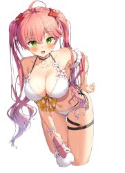 Rule 34 | 1girl, :d, absurdres, ahoge, ama rei, bare shoulders, bikini, breasts, cleavage, flower, green eyes, halterneck, hand on own hip, highres, hololive, large breasts, long hair, looking at viewer, open mouth, pink hair, sakura miko, simple background, smile, solo, swimsuit, thighs, transparent background, twintails, virtual youtuber, wet, white background, white bikini