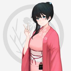 Rule 34 | 1girl, arm at side, black hair, blue eyes, blush, coin purse, commentary, dog, hair ornament, hair over shoulder, hairpin, hand up, hayabusa, highres, japanese clothes, kimono, light smile, long hair, long sleeves, looking at viewer, mole, mole on neck, nijisanji, obi, onomachi haruka, pink kimono, ponytail, sash, solo, upper body, v, virtual youtuber, white background, wide sleeves