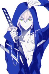 Rule 34 | 1boy, 66 (roro), blade, collarbone, hair between eyes, holding, holding weapon, hood, hoodie, katana, looking at viewer, male focus, manbou no ane, original, pale skin, parted lips, pectorals, pink hair, sheath, sheathed, topless male, solo, sword, upper body, weapon, yellow eyes