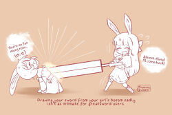 2girls animal_ears barefoot blush brown_background capelet chibi chibi_only closed_eyes commentary dancer_rabbit dated english_commentary english_text full_body greatsword greyscale_with_colored_background heavyblade_rabbit human_scabbard long_hair minzzway multiple_girls open_mouth rabbit_and_steel rabbit_ears rabbit_girl ribbon-trimmed_capelet ribbon-trimmed_shirt ribbon-trimmed_skirt ribbon-trimmed_tube_top ribbon_trim sekai_wo_kakumei_suru_chikara_wo shirt short_hair shoujo_kakumei_utena simple_background skirt sword tearing_up weapon