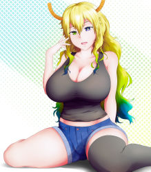 Rule 34 | 1girl, :d, artist request, baseball cap, black thighhighs, blonde hair, breasts, cleavage, collarbone, denim, denim shorts, dragon girl, dragon horns, gradient hair, green hair, hat, heterochromia, highres, horns, kobayashi-san chi no maidragon, large breasts, long hair, looking at viewer, lucoa (maidragon), multicolored eyes, multicolored hair, open mouth, pink hat, shorts, single thighhigh, sitting, slit pupils, smile, solo, tank top, thighhighs, wariza, wavy hair, yellow pupils