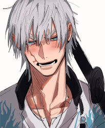 Rule 34 | 1boy, absurdres, alternate hairstyle, blue eyes, chain, chain necklace, collared jacket, dragon print, earrings, facial scar, fate/grand order, fate (series), grey hair, hair between eyes, hair intakes, hair over eyes, haruakira, highres, holding, jacket, jewelry, long bangs, male focus, nagakura shinpachi (fate), necklace, open mouth, scar, scar on cheek, scar on face, shirt, short hair, stud earrings, sword, teardrop, weapon, white background