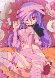 Rule 34 | 1girl, ;), antenna hair, bad id, bad pixiv id, bandages, bdsm, bondage, bound, breasts, candy, cape, covered erect nipples, food, halloween, highres, homura subaru, long hair, lying, medium breasts, naked ribbon, navel, on back, one eye closed, pocky, purple hair, red eyes, ribbon, smile, solo, trick or treat, wink