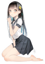 Rule 34 | 1girl, aqua hair, barefoot, between legs, black hair, black skirt, blunt bangs, blush, bow, bowtie, closed mouth, colored inner hair, eyelashes, feet, from side, full body, grey eyes, hair ornament, hand between legs, hand up, highres, legs, long hair, miniskirt, mizo-chan (yamahara), multicolored hair, original, pleated skirt, red bow, red bowtie, school uniform, shirt, short sleeves, sidelocks, signature, simple background, sitting, skirt, soles, solo, thighs, toes, wariza, white background, white shirt, yamahara