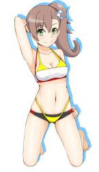 Rule 34 | 1girl, alfort (may0508), arm behind head, armpits, barefoot, bikini, blush, breasts, brown hair, chousoku henkei gyrozetter, cleavage, dolphin hair ornament, green eyes, hair ornament, hand on own hip, inaba rinne, kneeling, long hair, looking at viewer, medium breasts, navel, shiny skin, side ponytail, simple background, skindentation, smile, solo, swimsuit, white background