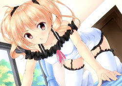 Rule 34 | &gt;:o, 1girl, :o, azure (capriccio), bad id, bad pixiv id, bed, blonde hair, blush, bow, brown eyes, collarbone, garter straps, highres, looking at viewer, open mouth, original, pov, red eyes, short hair, solo, thighhighs, twintails, v-shaped eyebrows, white thighhighs, window