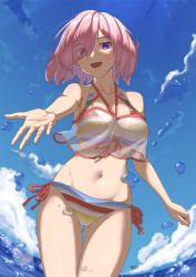 Rule 34 | 1girl, :d, bare shoulders, bikini, blue sky, blush, breasts, cloud, collarbone, day, eyes visible through hair, fate/grand order, fate (series), gluteal fold, hair over one eye, highres, large breasts, looking at viewer, mash kyrielight, mash kyrielight (swimsuit of perpetual summer ver.02), midriff, morino (harpoomoss), navel, ocean, official alternate costume, open mouth, outstretched hand, purple eyes, rainbow bikini, see-through, short hair, sky, smile, solo, swimsuit, thigh gap, water
