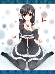 Rule 34 | 1girl, amatsuki hotaru, black hair, black pantyhose, blush, bow, bug, butterfly, dress, female focus, frills, full body, gradient background, hair ornament, hairpin, hand in own hair, hand on another&#039;s chest, highres, insect, jewelry, kneeling, necklace, original, pantyhose, red eyes, smile, solo, white background