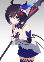 Rule 34 | 1girl, ahoge, bare shoulders, blue eyes, blue hair, blue thighhighs, bob cut, closed mouth, dress, grey background, hair ornament, highres, holding, holding scythe, holding weapon, honkai (series), honkai impact 3rd, kenjirohayamiti, looking at viewer, off-shoulder dress, off shoulder, scythe, seele vollerei, seele vollerei (swallowtail phantasm), short hair, smile, solo, tattoo, thighhighs, weapon, white dress, white sleeves