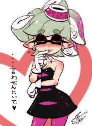 Rule 34 | 1girl, adapted costume, alternate costume, bare shoulders, black dress, blush, breasts, callie (splatoon), callie (splatoon) (cosplay), cleavage, collarbone, cosplay, dated, detached collar, domino mask, dress, earrings, closed eyes, female focus, gloves, gradient hair, grey hair, hand up, heart, highres, jewelry, lips, marie (splatoon), mask, medium breasts, multicolored hair, nintendo, object on head, pantyhose, pink hair, pink pantyhose, pointy ears, short dress, short hair, signature, simple background, smile, solo, splatoon (series), standing, strapless, strapless dress, text focus, translation request, two-tone background, usa (dai9c carnival), white background, white gloves