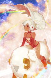 Rule 34 | 1girl, altera (fate), altera the santa (fate), amanohana, bare shoulders, boots, bow, bright pupils, choker, cloud, collarbone, dark-skinned female, dark skin, detached sleeves, earmuffs, fate/grand order, fate (series), long hair, parted lips, rainbow, red choker, red eyes, red footwear, riding, sheep, sleeves past elbows, solo, veil, white bow, white hair, white pupils