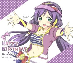 Rule 34 | 1girl, artist name, artist request, ball, blush, bow, bra, bracelet, breasts, cleavage, collarbone, female focus, green eyes, hat, highres, jacket, jewelry, long hair, looking at viewer, love live!, love live! school idol festival, love live! school idol project, outstretched arms, purple hair, purple hat, purple jacket, red bow, small breasts, solo, sportswear, striped bra, striped clothes, striped wristband, tennis ball, tennis uniform, tojo nozomi, tsugi (sirus sss), twintails, underwear, visor cap