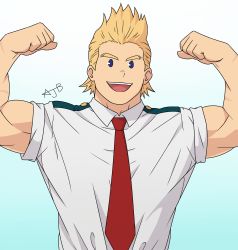 Rule 34 | 1boy, :d, ajb11, bara, biceps, blonde hair, blue eyes, boku no hero academia, double biceps pose, flexing, highres, looking at viewer, male focus, muscular, muscular male, necktie, open mouth, red necktie, short hair, smile, solo, spiked hair, togata mirio, upper body