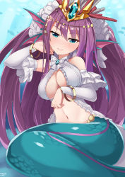 Rule 34 | 1girl, absurdres, animal ears, bare shoulders, big hair, blue background, blue eyes, blush, bracelet, breasts, circlet, closed mouth, commentary request, crown, detached sleeves, dress, fins, gold trim, hand up, head fins, highres, jewelry, large breasts, long hair, long sleeves, looking at viewer, mermaid, monster girl, navel, open clothes, open dress, purple hair, puzzle &amp; dragons, siren (p&amp;d), sitting, smile, solo, tinpam, white dress