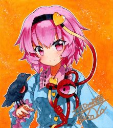 Rule 34 | 1girl, arm up, bad id, bad pixiv id, bird, bird on hand, blouse, blue shirt, breasts, commentary request, hairband, head tilt, heart, komeiji satori, long sleeves, looking at viewer, marker (medium), orange background, pink eyes, pink hair, qqqrinkappp, reiuji utsuho, reiuji utsuho (bird), shirt, short hair, signature, simple background, small breasts, smile, solo, standing, third eye, touhou, traditional media, upper body