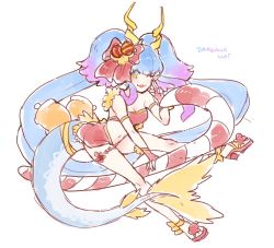 Rule 34 | 1girl, alternate costume, artist name, bare shoulders, blue hair, breasts, candy, candy cane, cleavage, dragalia lost, dragalialust, dragon girl, dragon horns, dragon tail, fingerless gloves, flower, food, full body, gloves, hair flower, hair ornament, horns, long hair, looking at viewer, midriff, multicolored hair, one eye closed, pink hair, red gloves, siren (dragalia lost), solo, tail, white background, yellow eyes