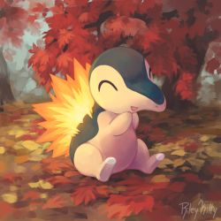 Rule 34 | autumn, autumn leaves, commentary, creatures (company), cyndaquil, day, ecruteak city, english commentary, closed eyes, fire, full body, game freak, gen 2 pokemon, hands up, nintendo, no humans, open mouth, outdoors, pokemon, pokemon (creature), rileykitty, signature, sitting, smile, solo