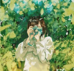 Rule 34 | 1girl, aono ai, brown hair, camera, commentary, covered face, dappled sunlight, day, facing viewer, hands up, highres, holding, holding camera, lens flare, original, plant, short hair, solo, standing, sunlight, swept bangs, taking picture, upper body
