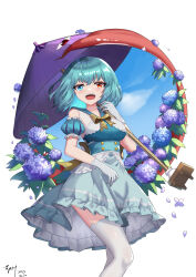Rule 34 | 1girl, absurdres, adapted costume, blue eyes, blue hair, blue sky, breasts, commentary, dated, flower, heterochromia, highres, holding, holding umbrella, hydrangea, karakasa obake, looking at viewer, medium breasts, open mouth, purple umbrella, qinyuzhen, red eyes, signature, sky, solo, tatara kogasa, teeth, thighhighs, tongue, touhou, umbrella, upper teeth only, white thighhighs