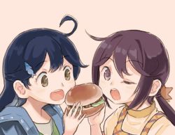 Rule 34 | 2girls, ahoge, akebono (kancolle), alternate hairstyle, black hair, brown eyes, burger, casual, commentary request, dolphin hair ornament, food, hair between eyes, hair ornament, hairclip, holding, holding food, jacket, kantai collection, long hair, looking at viewer, multiple girls, one eye closed, open mouth, ponytail, purple eyes, purple hair, saiguchi otoufu, sharing food, shirt, star (symbol), star hair ornament, ushio (kancolle)