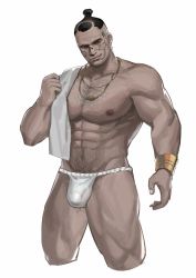 Rule 34 | 1boy, abs, bara, bulge, chest hair, cropped legs, cross, cross earrings, cyberpunk (series), cyberpunk 2077, earrings, facial tattoo, fundoshi, hairy, highres, jackie welles, japanese clothes, jewelry, large pectorals, looking at viewer, male focus, male underwear, muscular, muscular male, navel, navel hair, necklace, nipples, pectorals, short hair, smile, solo, tattoo, thick thighs, thighs, towel, towel around neck, undercut, underwear, underwear only, white background, white male underwear, yamariceball