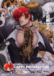 Rule 34 | 1boy, animal ears, artist name, cat, cat ears, cat tail, character name, choker, happy birthday, highres, lying, male focus, miru (mill 36), one eye covered, pectoral cleavage, pectorals, red hair, solo, tail, the king of fighters, too many, too many cats, yagami iori