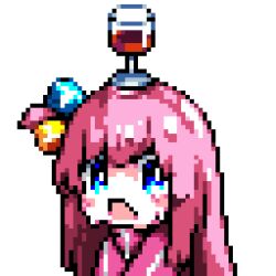 Rule 34 | 1girl, blue eyes, bocchi the rock!, cube hair ornament, cup, cup on head, downvote (downvote me), drinking glass, gotoh hitori, hair ornament, long hair, looking at viewer, one side up, pink hair, pink track suit, pixel art, short hair, solo, wine glass