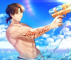 Rule 34 | 1boy, abs, bad id, bad twitter id, cloud, cloudy sky, day, fate/grand order, fate/stay night, fate (series), gun, highres, holding, kotomine kirei, large pectorals, male focus, muscular, one eye closed, pectorals, rijjin, short hair, sky, smile, solo, swimsuit, topless male, toy gun, water, water gun, weapon, wet
