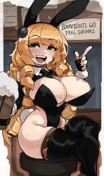 Rule 34 | absurdres, alcohol, animal ears, beer, beer mug, blonde hair, blush, breasts, cup, drunk, fake animal ears, feet out of frame, highres, huge breasts, leotard, long hair, mug, necktie, playboy bunny, rabbit tail, solo, squeans, thighhighs, thighs, zanamaoria