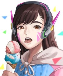 Rule 34 | 1girl, adapted costume, brown eyes, brown hair, casual, d.va (overwatch), double scoop, facial mark, food, headphones, holding, hood, hoodie, ice cream, ice cream cone, kirei kotoba, long hair, looking at viewer, open mouth, overwatch, overwatch 1, portrait, simple background, solo, swept bangs, tongue, tongue out, triangle, whisker markings, white background