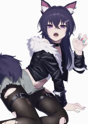 1girl animal_ears bare_shoulders black_choker black_jacket brown_pantyhose choker claw_pose crop_top cropped_jacket cutoffs fangs fox_ears fox_girl fox_tail fur_collar grey_shorts hair_between_eyes hand_up highres ichinose_uruha jacket kneeling komito_(komito5310) long_hair long_sleeves looking_at_viewer micro_shorts midriff nail_polish navel navel_piercing off_shoulder open_clothes open_jacket open_mouth pantyhose piercing purple_eyes purple_hair shirt short_shorts shorts simple_background solo stomach tail thigh_strap torn_clothes torn_pantyhose virtual_youtuber vspo! white_background white_shirt