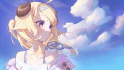 Rule 34 | animal ears, bare shoulders, blonde hair, blue jacket, blue sky, choker, hair ornament, hairclip, highres, hololive, horns, jacket, lace, lace choker, long hair, looking to the side, off-shoulder shirt, off shoulder, official alternate costume, purple eyes, sheep ears, sheep girl, sheep horns, shirt, sky, tinyen wang, tsunomaki watame, tsunomaki watame (8th costume), two side up, upper body, virtual youtuber, white choker, white shirt