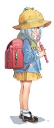 Rule 34 | 1girl, absurdres, backpack, bag, brown footwear, child, crime prevention buzzer, dorontabi, female focus, flute, from side, full body, genshin impact, green eyes, green hair, green ribbon, grey hair, hair ribbon, highres, instrument, kindergarten uniform, loafers, long hair, looking at viewer, nahida (genshin impact), name tag, playing flute, profile, randoseru, ribbon, shoes, simple background, skirt, solo, standing, white background, yellow skirt