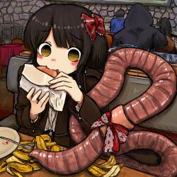 Rule 34 | 1girl, 3others, banana peel, bow, brown eyes, brown hair, brown jacket, bubbacterial, eating, hair bow, highres, jacket, multiple others, original, plate, red bow, restaurant, sitting, table, worm