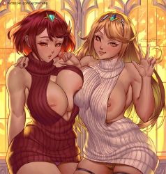 Rule 34 | 2girls, areola slip, arimatang, arm behind back, artist name, asymmetrical docking, bare shoulders, blonde hair, breast press, breasts, cleavage, cleavage cutout, clothing cutout, commentary, cowboy shot, english commentary, fingernails, grin, half-closed eyes, hand on another&#039;s shoulder, highres, huge breasts, inverted nipples, large breasts, long hair, medium hair, meme attire, multiple girls, mythra (xenoblade), nail polish, nipples, one-armed hug, open mouth, orange eyes, panties, patreon username, pink panties, pyra (xenoblade), red hair, red nails, red shirt, shirt, signature, skindentation, sleeveless, sleeveless turtleneck, smile, swept bangs, teeth, thigh strap, thighs, tiara, turtleneck, underwear, virgin killer sweater, w, white shirt, xenoblade chronicles (series), xenoblade chronicles 2, yellow eyes, yellow panties