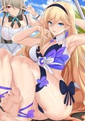 Rule 34 | 2girls, absurdres, armpits, barefoot, bianka durandal ataegina, bikini, blonde hair, blue eyes, blue sky, bow, bowtie, breasts, brown hair, commentary, day, detached collar, double v, earrings, feet, frilled one-piece swimsuit, frilled swimsuit, frills, hair between eyes, hair over one eye, hairband, hand in own hair, highres, honkai (series), honkai impact 3rd, jewelry, large breasts, lens flare, long hair, looking at viewer, maid, maid headdress, maid one-piece swimsuit, mole, mole under eye, multicolored bikini, multicolored clothes, multiple girls, noise paper, one-piece swimsuit, outdoors, purple eyes, rita rossweisse, short hair, sky, smile, sunlight, sweat, swimsuit, thigh strap, unconventional maid, v, very long hair