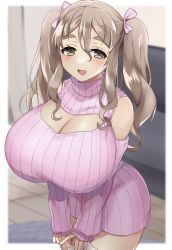 Rule 34 | 1girl, alternate breast size, alternate costume, alternate hairstyle, breasts, brown eyes, center opening, cleavage cutout, clothing cutout, commentary request, commission, cowboy shot, dress, grey hair, hair between eyes, highres, huge breasts, kantai collection, looking at viewer, meme attire, open-chest sweater, pola (kancolle), ribbed sweater, skeb commission, solo, sweater, sweater dress, thick eyebrows, toriniku senshi chikinman, turtleneck, twintails, wavy hair