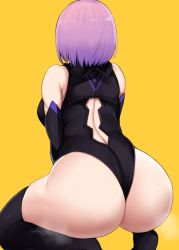 Rule 34 | 1girl, arched back, ass, back cutout, bare shoulders, black gloves, black leotard, black thighhighs, clothing cutout, elbow gloves, erimiko, facing away, fate/grand order, fate (series), from behind, gloves, highres, leotard, light purple hair, mash kyrielight, no shoes, simple background, solo, squatting, steaming body, sweat, thighhighs, thighs