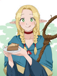 Rule 34 | 1girl, :q, absurdres, artist name, blonde hair, blue capelet, blue dress, blush, braid, bright pupils, cake, cake slice, capelet, choker, closed mouth, commentary, dress, dungeon meshi, elf, food, forehead, green background, green eyes, happy, highres, holding, holding plate, hylran0427, long hair, long sleeves, mage staff, marcille donato, parted bangs, plate, pointy ears, red choker, simple background, smile, solo, tongue, tongue out, twin braids, upper body, white pupils, wide sleeves