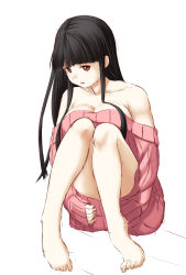 Rule 34 | 1girl, bare legs, bare shoulders, black hair, blunt bangs, breasts, brown eyes, cleavage, highres, long hair, looking at viewer, niwatazumi, open mouth, original, ribbed sweater, solo, sweater