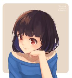 Rule 34 | 1girl, 2016, akame (akamiru), artist name, bad id, bad pixiv id, bare shoulders, beige background, blunt bangs, blush, brown hair, closed mouth, collarbone, copyright request, dated, hand on own cheek, hand on own face, head rest, head tilt, lips, long sleeves, looking to the side, off-shoulder, off-shoulder sweater, off shoulder, red eyes, simple background, smile, solo, sweater, tareme, upper body